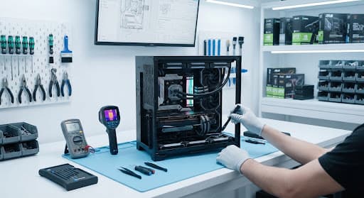 Técnico de LUX Utils diagnosticando una placa base en el banco de trabajo